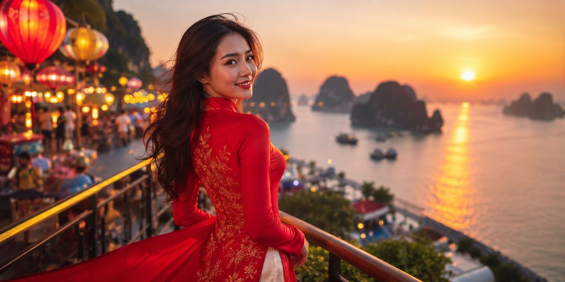 Người phụ nữ mặc áo dài chơi casino app trên vịnh Hạ Long buổi chiều
