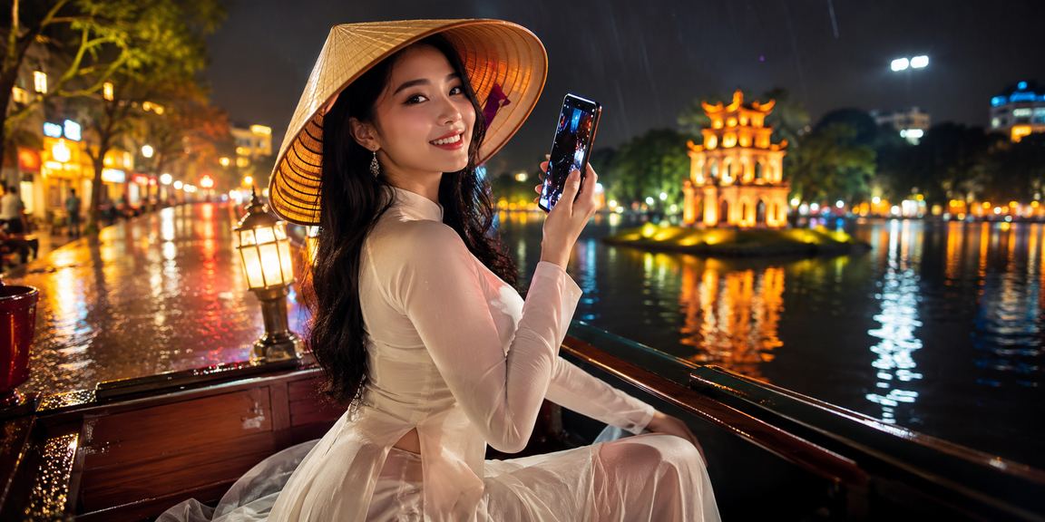 Phụ nữ Hà Nội đội nón lá chơi casino trực tuyến trên điện thoại di động